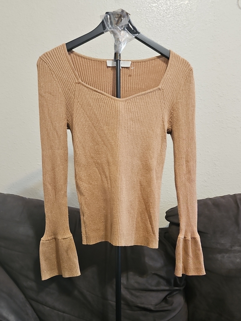 Ribbed Gold Sparkle Square Neck Bell Sleeve Top - Camel